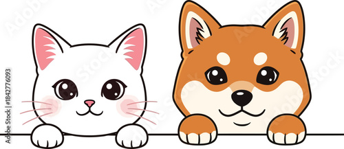 A cute vector illustration of a white cat and a Shiba Inu dog peeking over a barrier with rounded kawaii features and expressive eyes