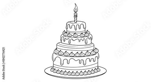 A charming multi-tiered birthday cake with a lit candle, perfect for coloring pages and celebrations Vector