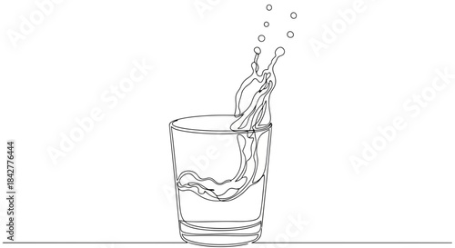 Continuous line drawing of water splashing from a glass with dynamic fluid movement and droplets Vector