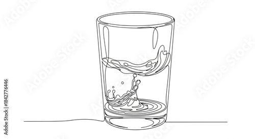 Continuous line art illustration of a glass of water with a dynamic splash Vector