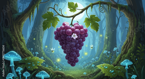 A mystical moonlit forest scene with a bountiful bunch of grapes and glowing mushrooms Vector