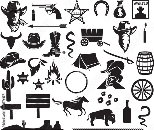 Wild West Cowboys and Western Symbols Set