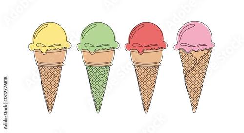 Four vibrant ice cream cones with various flavors depicted in a simple line art style Vector