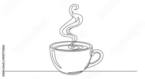 A warm cup of coffee or tea with swirling steam drawn in a continuous line art style Vector