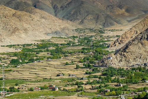 Chang La is a high mountain pass in Ladakh in Greater Himalaya between Leh and Shyok River valley. View of Himalayan agriculture and village below as seen from Chang La, on Leh to Pangong Lake road.