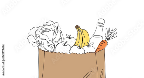 A minimalist line art illustration of a brown paper bag overflowing with fresh groceries Vector