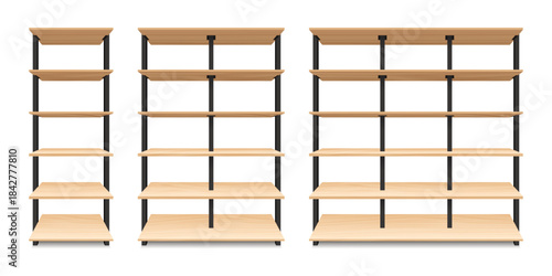 Supermarket wooden shelves set for products marketing, advertising. Empty product display tray isolated on white background.