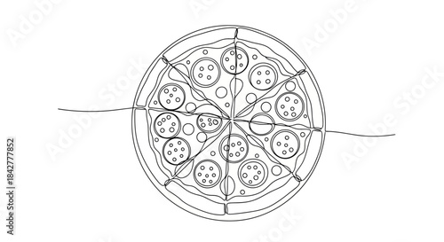 A continuous line drawing of a delicious whole pizza with pepperoni slices cut into eight pieces Vector