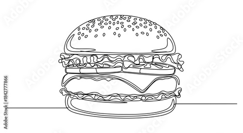 Continuous line drawing of a delicious classic burger with all its layers Vector