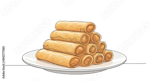 A delightful stack of golden crispy spring rolls neatly arranged on a simple white plate Vector