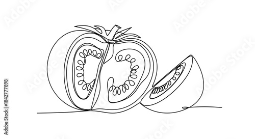 Continuous line drawing of a fresh tomato cut in half with an additional quarter slice Vector