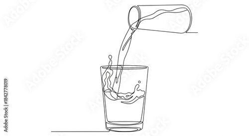 Continuous line drawing of water pouring into a glass with a lively splash Vector