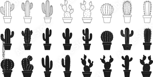 Collection of Potted Cactus and Succulent Plant Line Art and Silhouette Icons, Perfect for Houseplant Decor and Desert Gardening Vector Graphics.