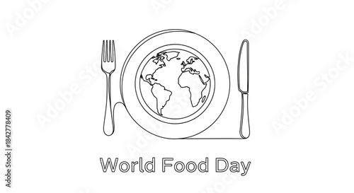 World food day concept showing a plate with the globe, fork, and knife in minimalist line art Vector