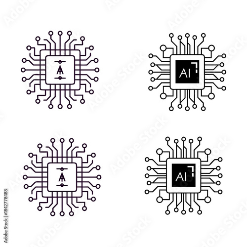 Set of four stylized computer chips with ai symbols and circuit board connections