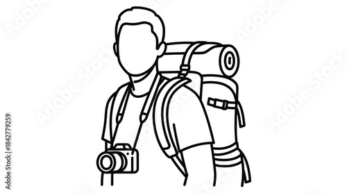 A simple line drawing of a hiker with a backpack and camera ready for adventure