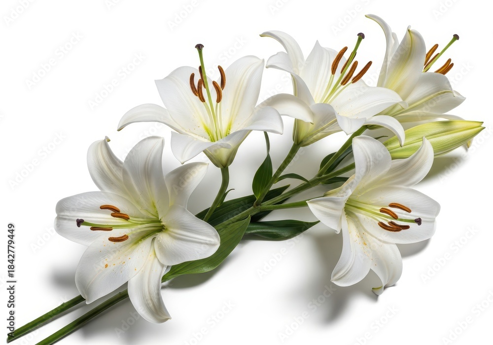 Obraz premium Several pure white trumpet-shaped blossoms rest diagonally across a bright white background