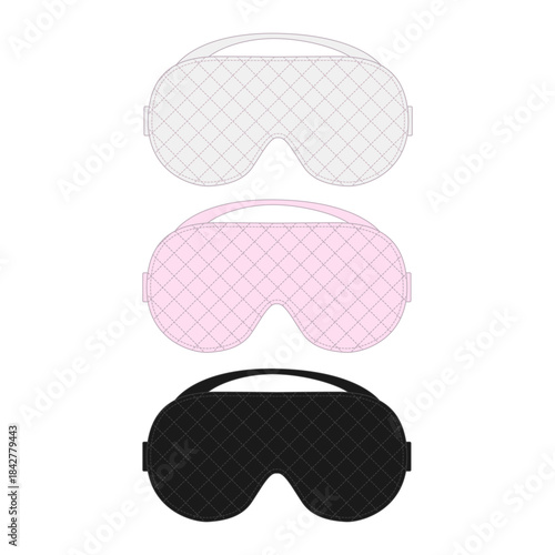 Vector illustration of a white, pink, and black sleep mask. Spa accessory silk fabric glasses for healthy eye rest. Set of sketches of a comfortable eye mask with diagonal stitching.