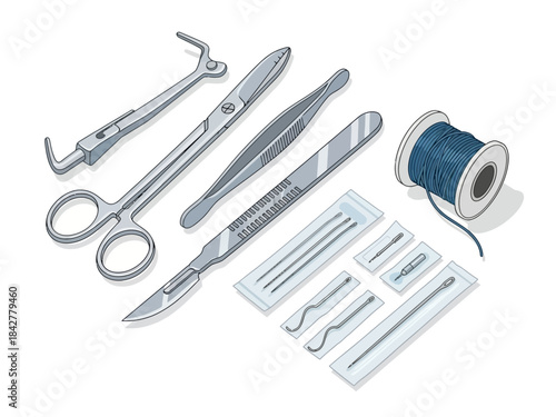 Surgical Instruments Still Life Scalpel, Forceps, and Suture Material