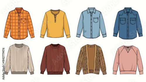 Collection of eight different styles of mens tops and sweaters.
