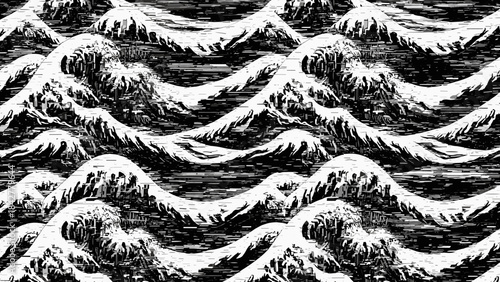 Futuristic Glitch Art Seamless Wave Pattern Black and White Digital Distortion Background
