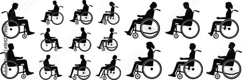 Wheelchair user silhouettes depicting diverse seated positions and mobility activities for accessibility design, healthcare illustration, disability awareness graphics