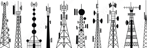 black communication tower silhouettes featuring diverse antenna and satellite dish designs in vector style for telecom and broadcast infrastructure