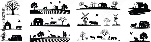 Farm landscape silhouettes featuring barns, cows, trees, windmills, fields and rural scenery for agriculture design, nature illustrations, countryside artwork and decorative graphics.