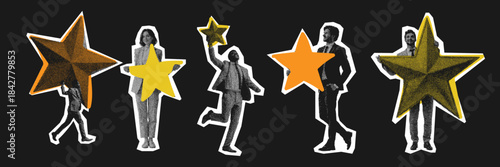 Halftone graphic collage of business person with large star representing quality service and customer review