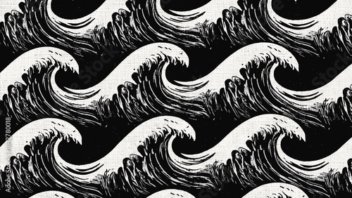 seamless textile pattern, black and white copacabana waves printed on coarse linen fabric, macro photography texture, visible threads and weave, realistic fabric look, fashion design material, soft.
