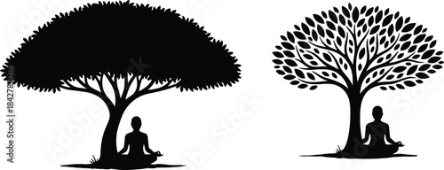 Silhouette of a person meditating peacefully under a large, lush tree, symbolizing deep tranquility, spiritual growth, mindfulness, and the harmonious connection with nature and wellness.