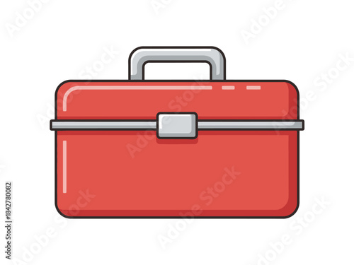 Cartoon illustration of a bright red toolbox with a metal handle and secure clasp on a white background