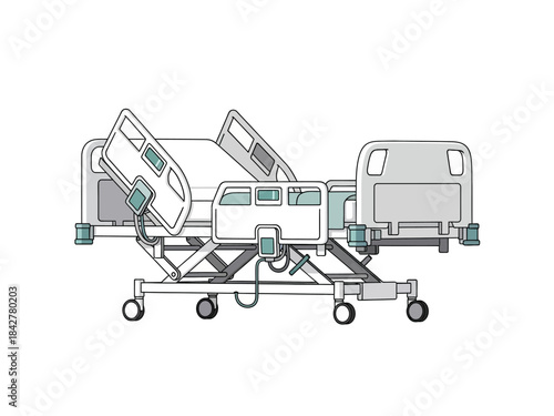 Illustration of a modern hospital bed with adjustable features and controls for patient care