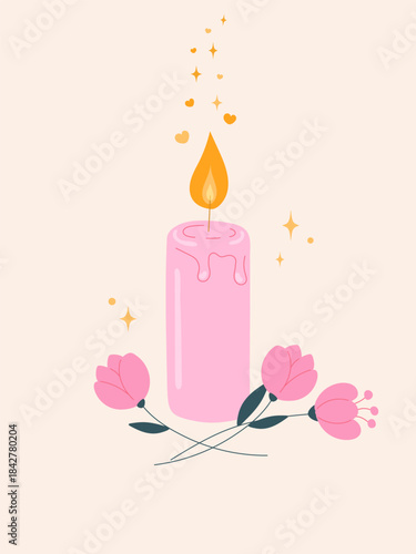 cute pink candle with a warm flame, soft melting wax, and decorative flowers. This gentle illustration creates a cozy and romantic mood, perfect for holiday themes, relaxation designs, cards, decor
