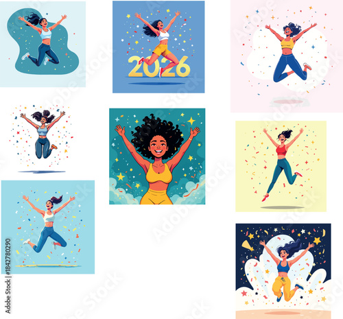 Vsai women jumping celebrating success with confetti and stars