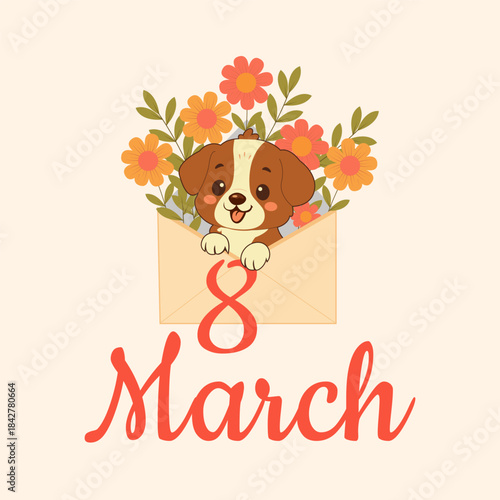 A cute puppy peeks out of an envelope filled with bright spring flowers, creating a sweet and cheerful illustration for March 8th. Soft colors and playful details make it perfect for Women’s Day greet