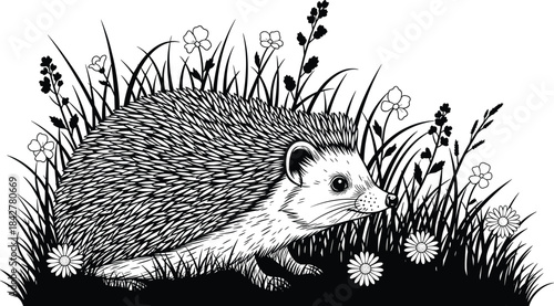 An adorable European hedgehog illustration sitting peacefully amidst a vibrant meadow of wildflowers, featuring a detailed, black and white sketch suitable for engraving.