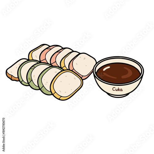 Indonesian Pempek Palembang with Cuko Deliciously colorful sliced food item served with dark dipping sauce labeled Cuka for a vibrant culinary presentation
