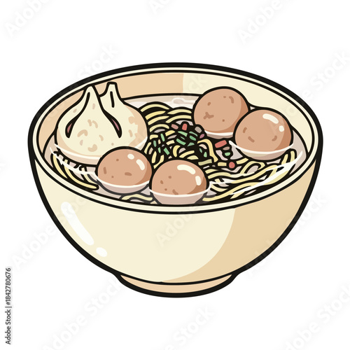 Indonesian Bakso Delicious steaming bowl of Asian noodle soup with savory meatballs and dumplings ready to eat now