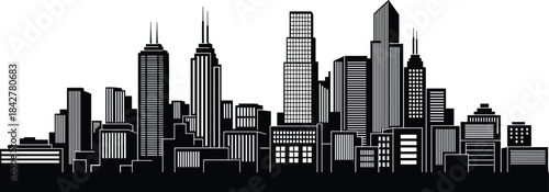 Black and white city skyline vector silhouette, modern downtown cityscape illustration featuring tall skyscrapers, buildings, and urban architecture graphic design element.