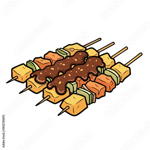Indonesian Sate Delicious street food skewers dripping with savory peanut sauce make a perfect tasty Asian snack design