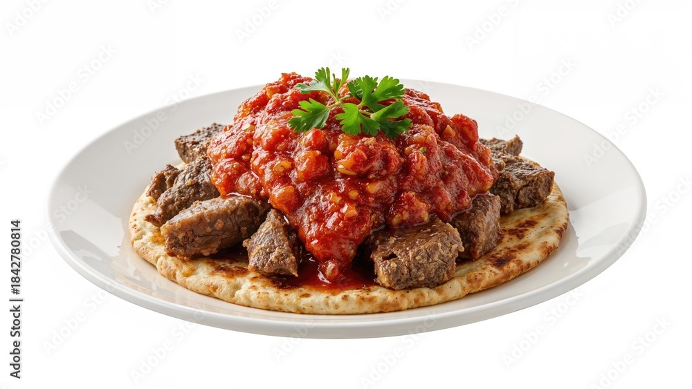 Fototapeta premium Plate of beef stew served on flatbread topped with tomato sauce and garnished with cilantro. Traditional dish, savory, and hearty.