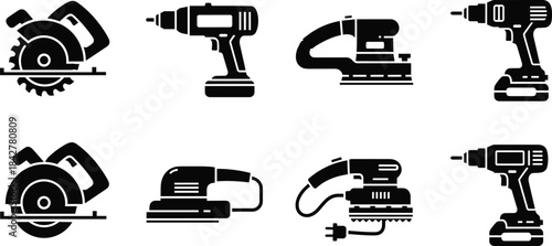Black and white silhouette set of power tools including cordless drill, circular saw, and orbital sander for DIY, construction, and repair work icons.
