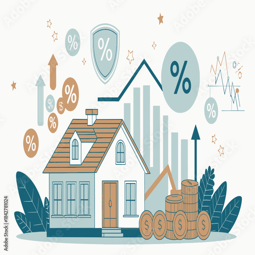 Vector Illustration of Property Tax and Finance Concept with House and Coin Graph