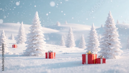 Magical winter landscape with red Christmas gifts, gold baubles, and snowy fir trees. Festive holiday background with falling soft snow.