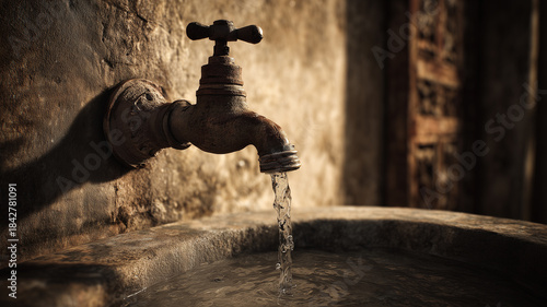 An old, rustic water tap was mounted on the weathered wall, a steady stream of water falling into a stone basin.