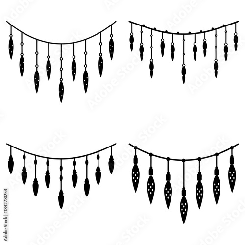 Four Black and White Garland Decorations with Hanging Ornaments 1