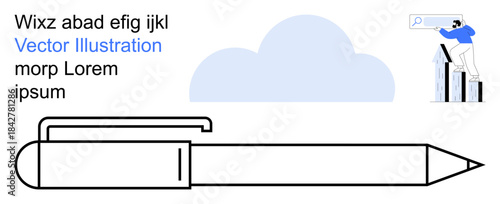 Office tools, writing concepts, search engine optimization, business analysis, creativity, cloud storage. Black outline pen against a blue cloud, person atop buildings with magnifying glass. Writing