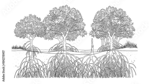 Mangrove Forest Cross Section Vector Illustration with Roots for Ecology