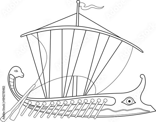 Ancient Greek trireme in the sea. Greek trireme ship sailing on the sea. Stylized illustration symbol. Vector black and white coloring page.